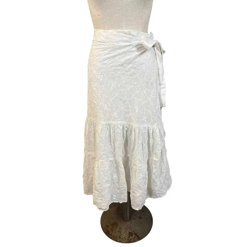 Vintage‎ White Eyelet Lace Wrap Midi Skirt Cottagecore Feminine Country Prairie